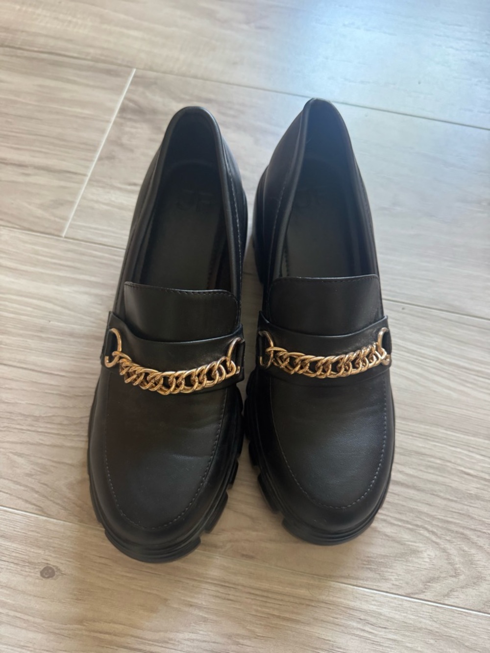 JustFab Black Loafers with Gold Chain Accent